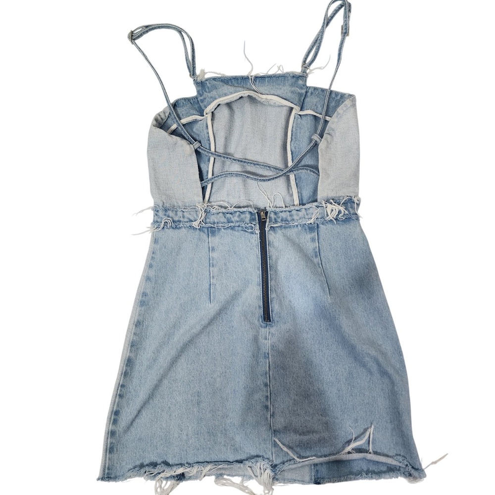 Zara TRF Denim Makers Light Wash Mini Dress XS distressed Open Back cotton - Picture 12 of 13